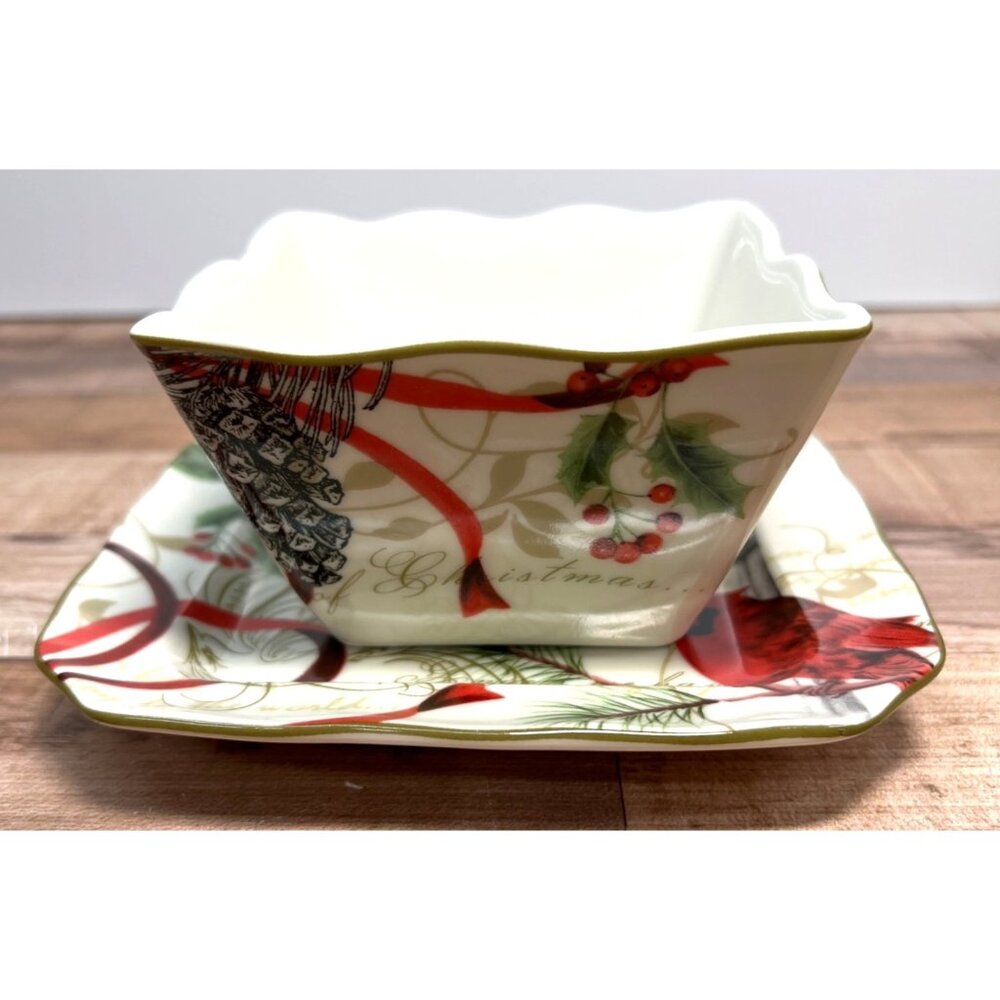 222 Fifth Winter Harmony Square Plate & Bowl Set Christmas Design Porcelain